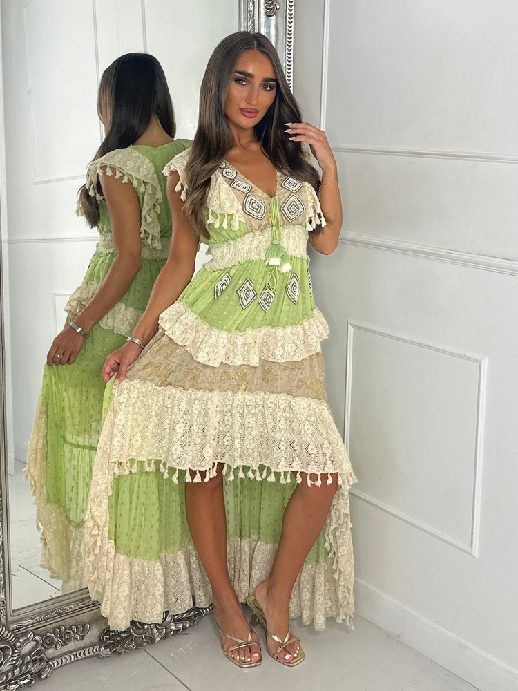 Asymmetric Front Embellished Boho Maxi Dress - Green