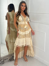 Asymmetric Front Embellished Boho Maxi Dress - All Beige