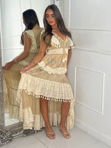 Asymmetric Front Embellished Boho Maxi Dress - All Beige