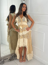 Asymmetric Front Embellished Boho Maxi Dress - All Beige