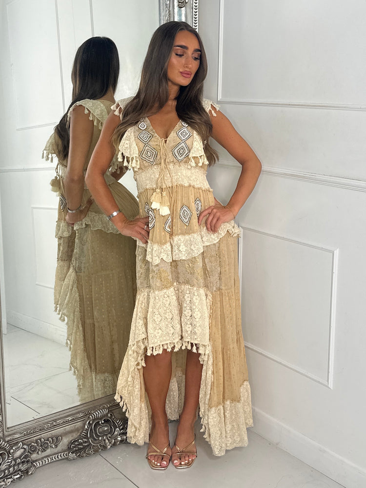 Asymmetric Front Embellished Boho Maxi Dress - All Beige