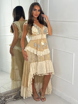 Asymmetric Front Embellished Boho Maxi Dress - All Beige