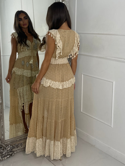 Asymmetric Front Embellished Boho Maxi Dress - All Beige