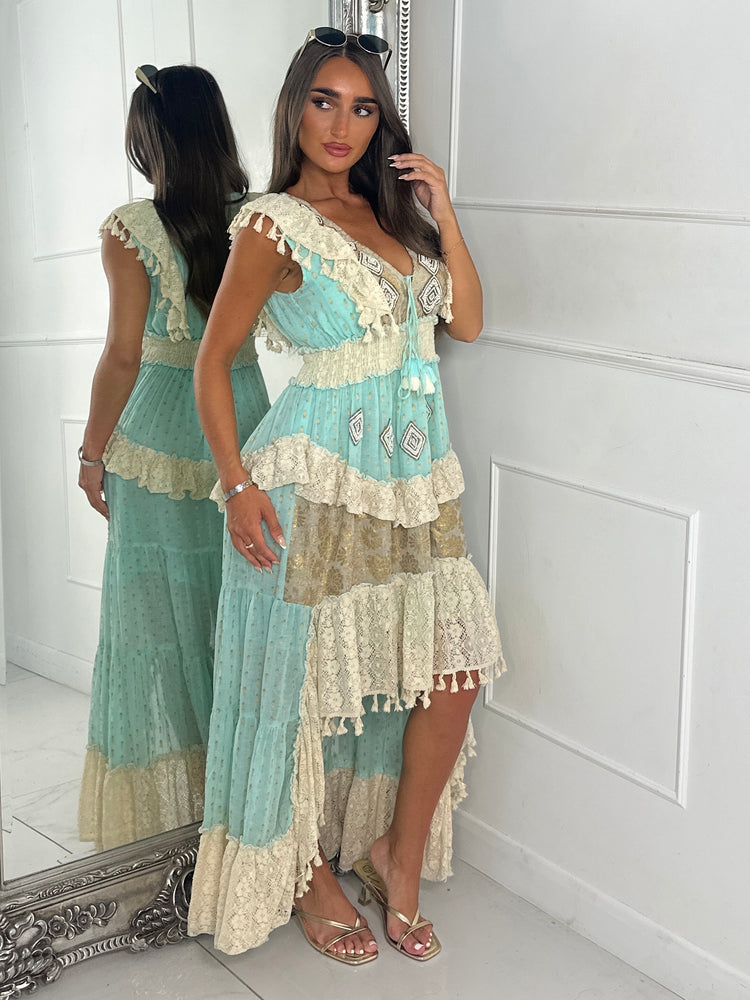 Asymmetric Front Embellished Boho Maxi Dress - Aqua
