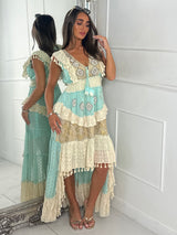 Asymmetric Front Embellished Boho Maxi Dress - Aqua