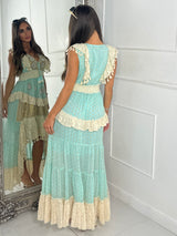 Asymmetric Front Embellished Boho Maxi Dress - Aqua