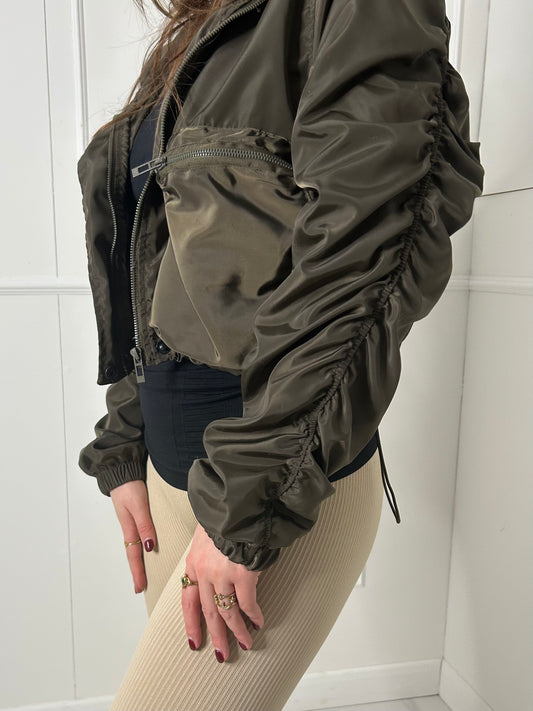 Ruched Sleeve Double Pocket Detail Windbreaker Jacket - Khaki Green