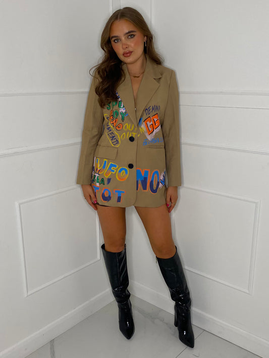 Oversized Graffiti Blazer - Beige