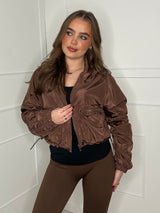 Ruched Sleeve Double Pocket Detail Windbreaker Jacket - Chocolate Brown