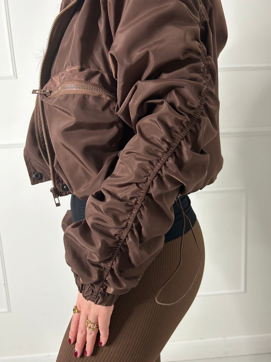 Ruched Sleeve Double Pocket Detail Windbreaker Jacket - Chocolate Brown
