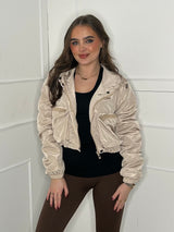 Ruched Sleeve Double Pocket Detail Windbreaker Jacket - Beige