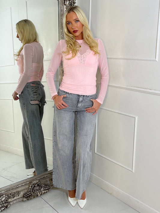 Mesh Top With Lace Detail Vest Underlay - Baby Pink