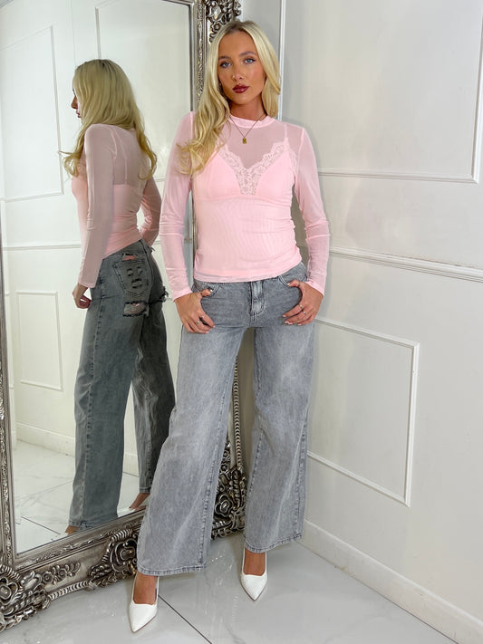 Mesh Top With Lace Detail Vest Underlay - Baby Pink