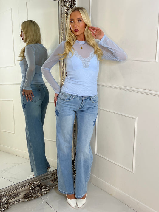 Mesh Top With Lace Detail Vest Underlay - Baby Blue