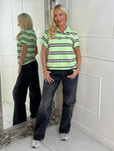 Striped Collared Short Sleeve T-Shirt - Lime Green