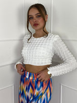 Waffle Detail Padded Shoulder Crop Top - White