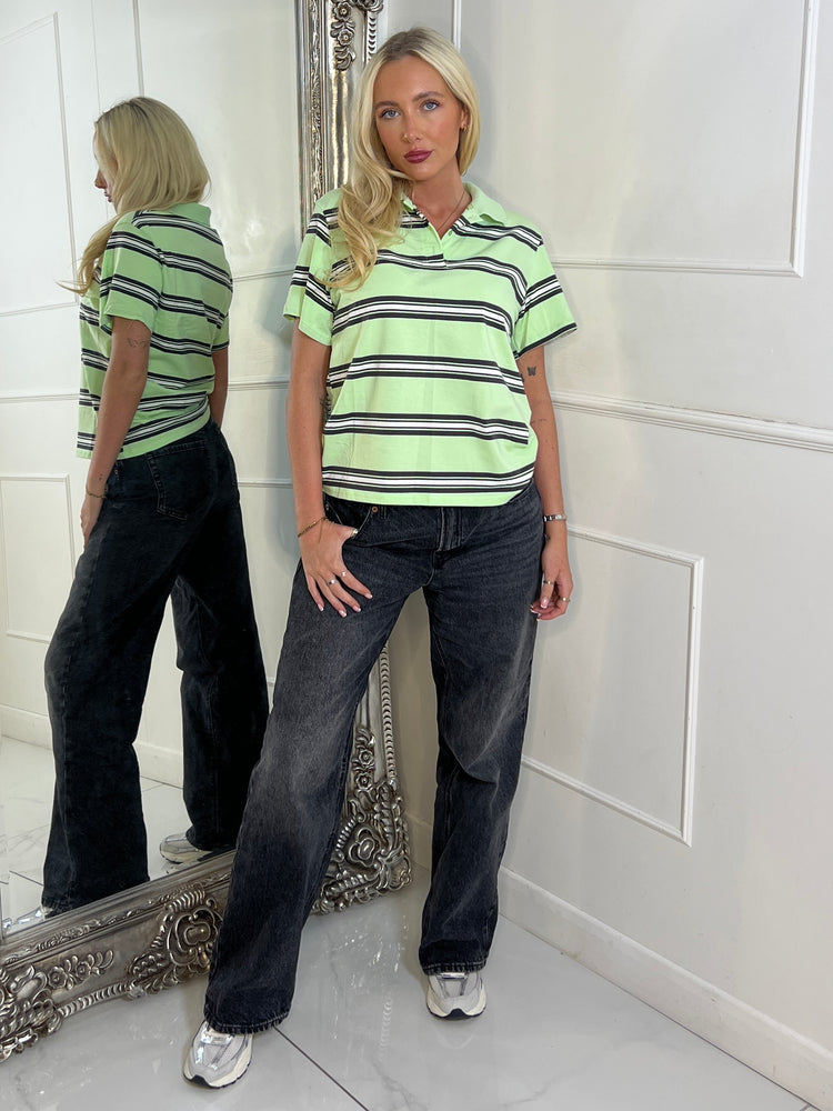 Striped Collared Short Sleeve T-Shirt - Lime Green