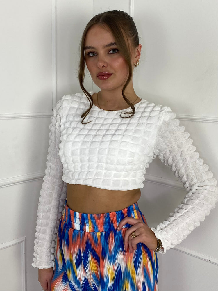 Waffle Detail Padded Shoulder Crop Top - White
