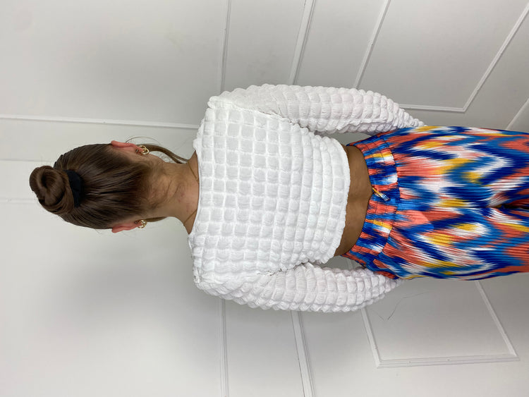 Waffle Detail Padded Shoulder Crop Top - White