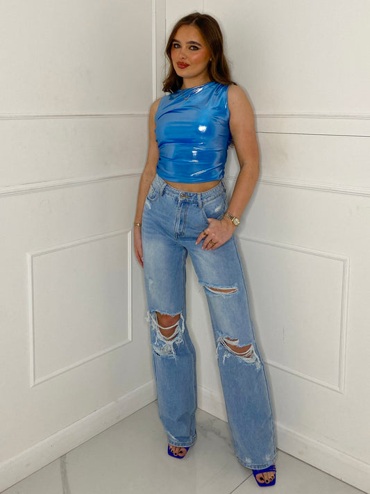 Wide Leg Ripped Jeans - Blue