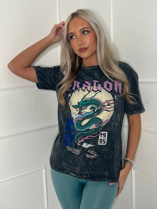 Dragon Print Acid Wash T-Shirt - Grey