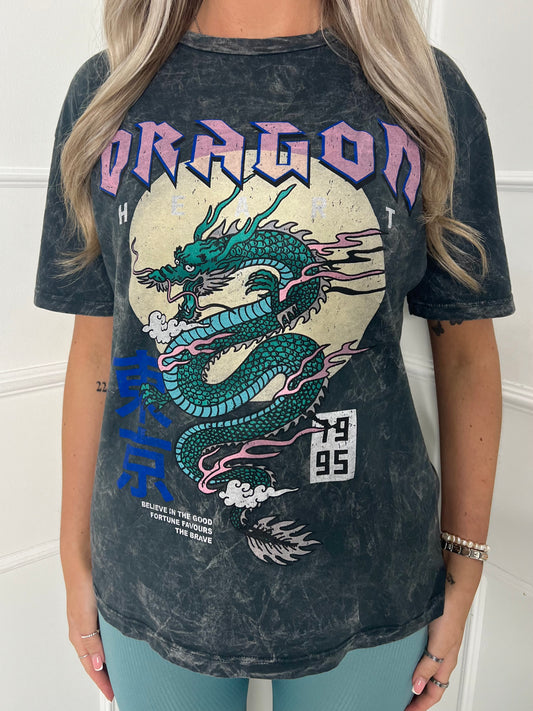 Dragon Print Acid Wash T-Shirt - Grey