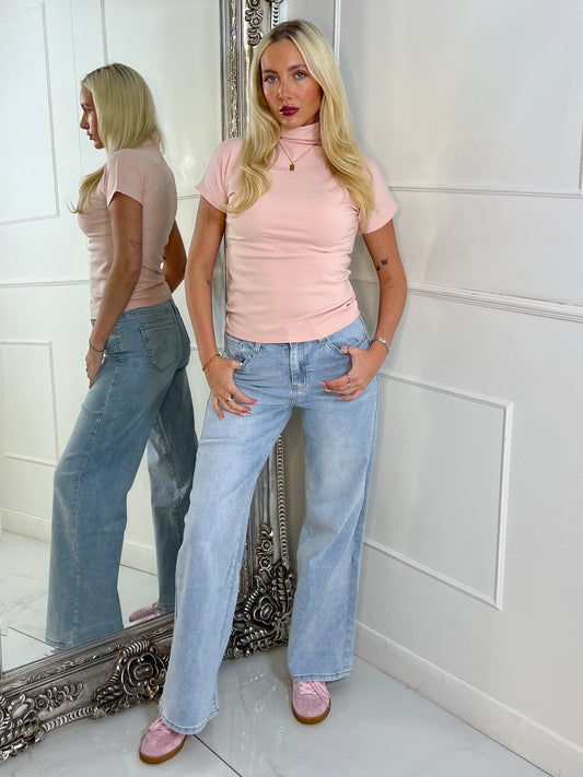 High Neck Short Sleeve Soft Touch Top - Baby Pink