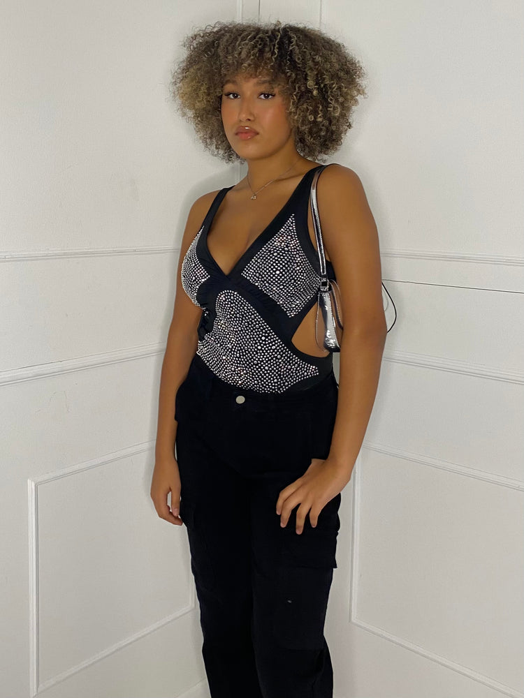 Diamante Bodysuit - Black/Silver