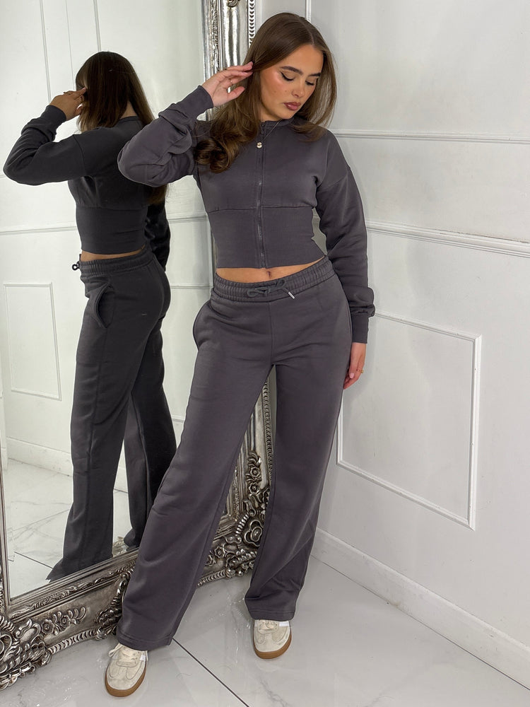 Cinch Waist Cropped Zip Up Tracksuit - Slate Grey