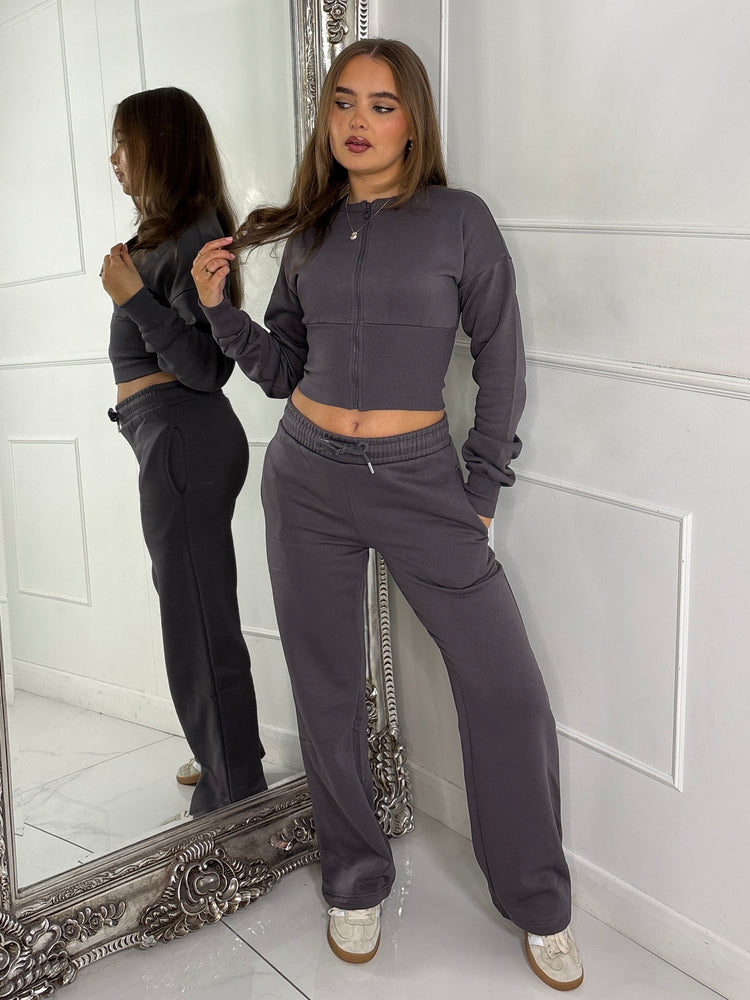 Cinch Waist Cropped Zip Up Tracksuit - Slate Grey