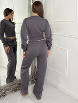 Cinch Waist Cropped Zip Up Tracksuit - Slate Grey