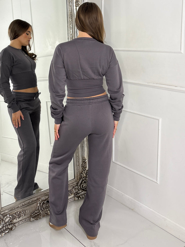 Cinch Waist Cropped Zip Up Tracksuit - Slate Grey