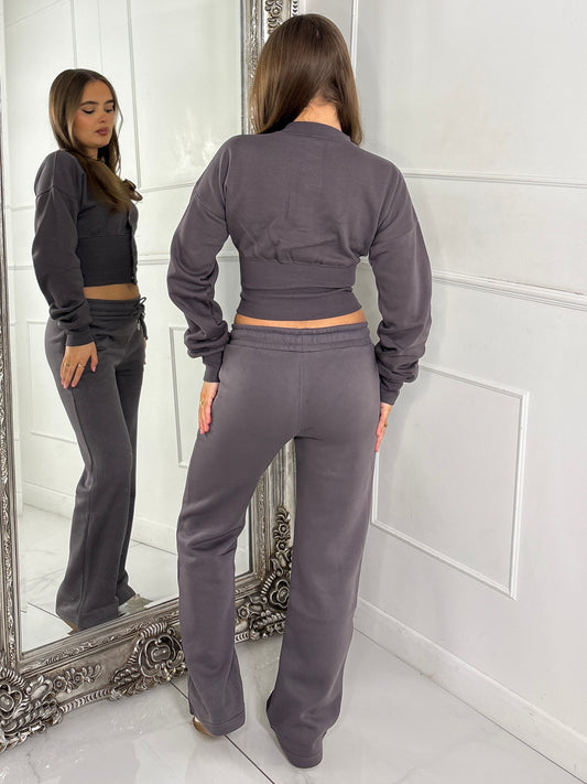 Button Up Cinch Waist Tracksuit - Slate Grey