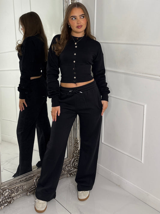 Button Up Cinch Waist Tracksuit - Black