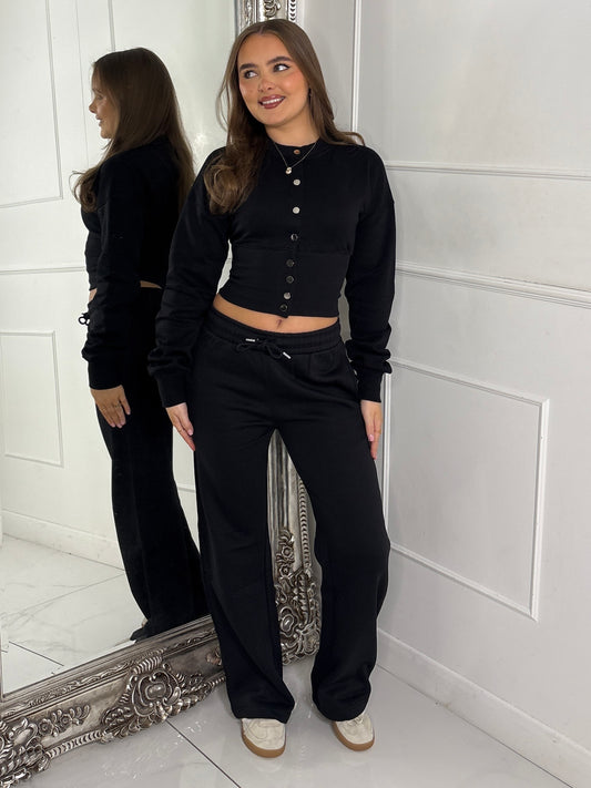 Button Up Cinch Waist Tracksuit - Black