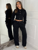 Button Up Cinch Waist Tracksuit - Black
