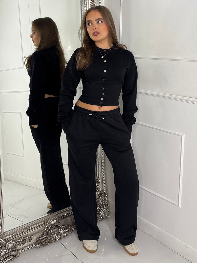 Button Up Cinch Waist Tracksuit - Black