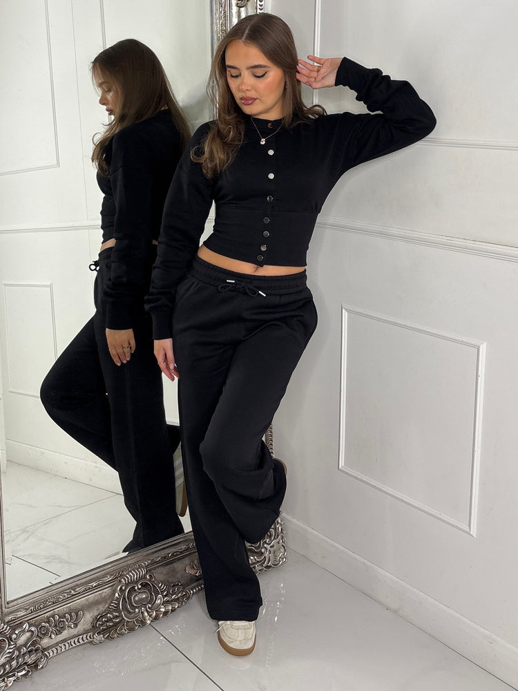 Button Up Cinch Waist Tracksuit - Black