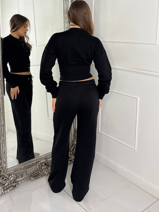Button Up Cinch Waist Tracksuit - Black