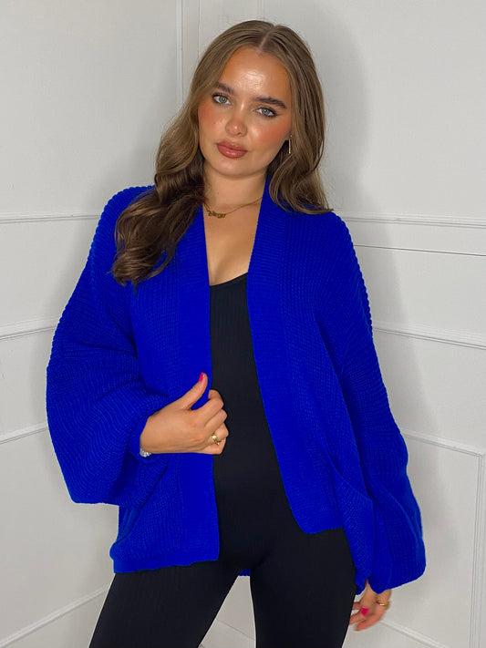 Balloon Sleeve Knitted Cardigan - Royal Blue