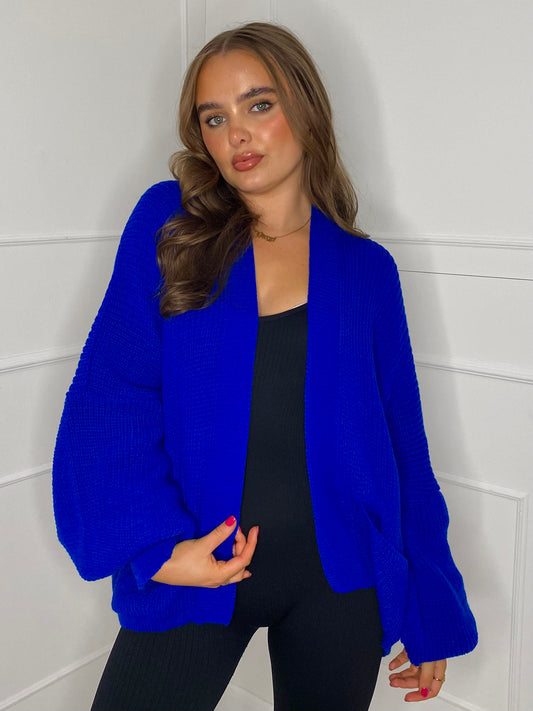 Balloon Sleeve Knitted Cardigan - Royal Blue