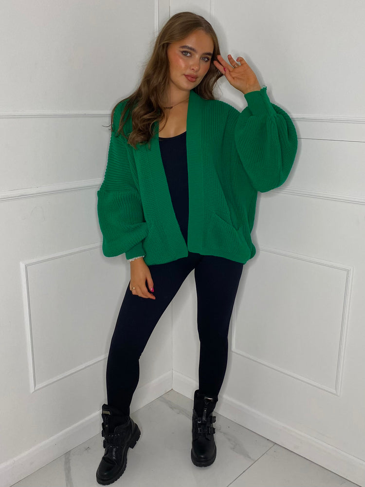 Balloon Sleeve Knitted Cardigan - Green