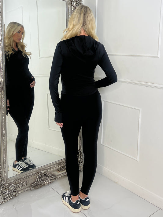 Hooded Gym Top & Gym Leggings Set - Black
