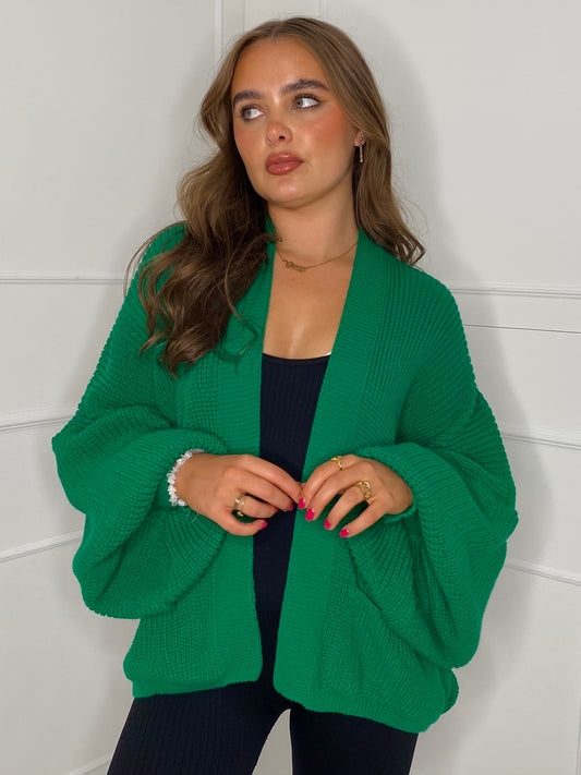 Balloon Sleeve Knitted Cardigan - Green