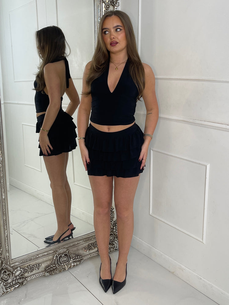 Halter Neck Crop Top & Frill Detail Skort - Black