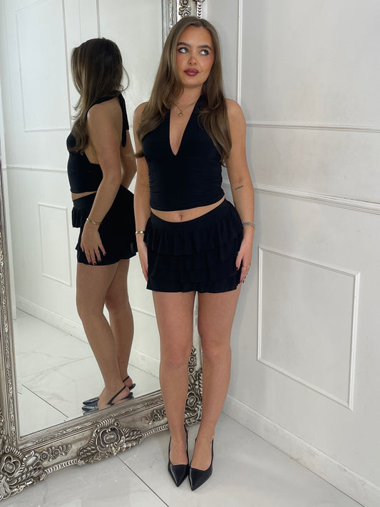 Halter Neck Crop Top & Frill Detail Skort - Black