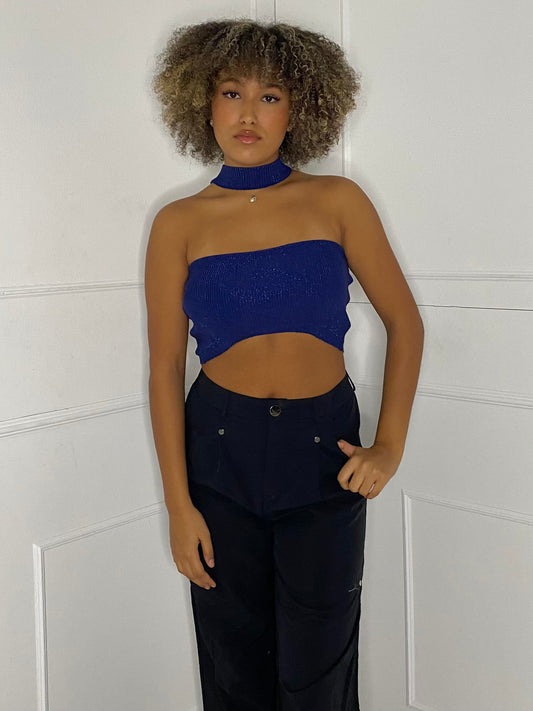 Choker Detail Knitted Crop Top - Navy