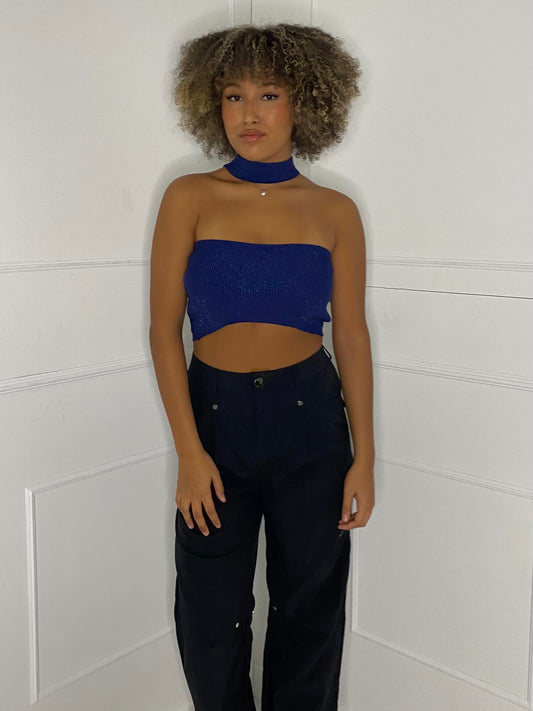 Choker Detail Knitted Crop Top - Navy