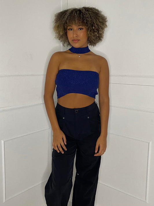 Choker Detail Knitted Crop Top - Navy