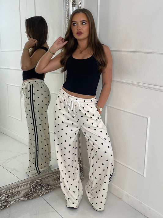 Polka Dot Side Stripe Detail Wide Leg Pants - Cream/Black